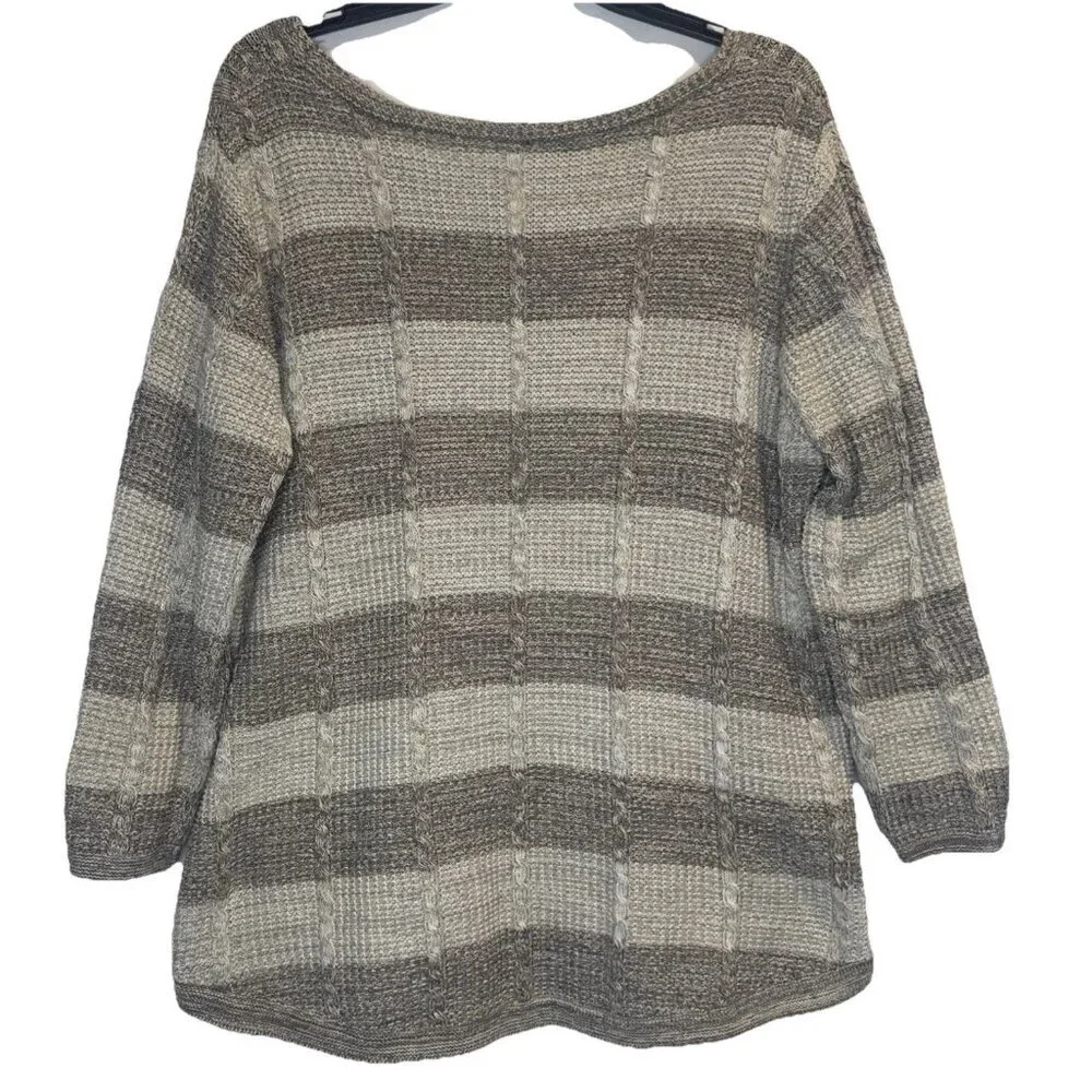 Keren Hart Women’s Gray Striped 3/4 Sleeve Scoop Neck Cotton‎ Sweater Top Sz XL